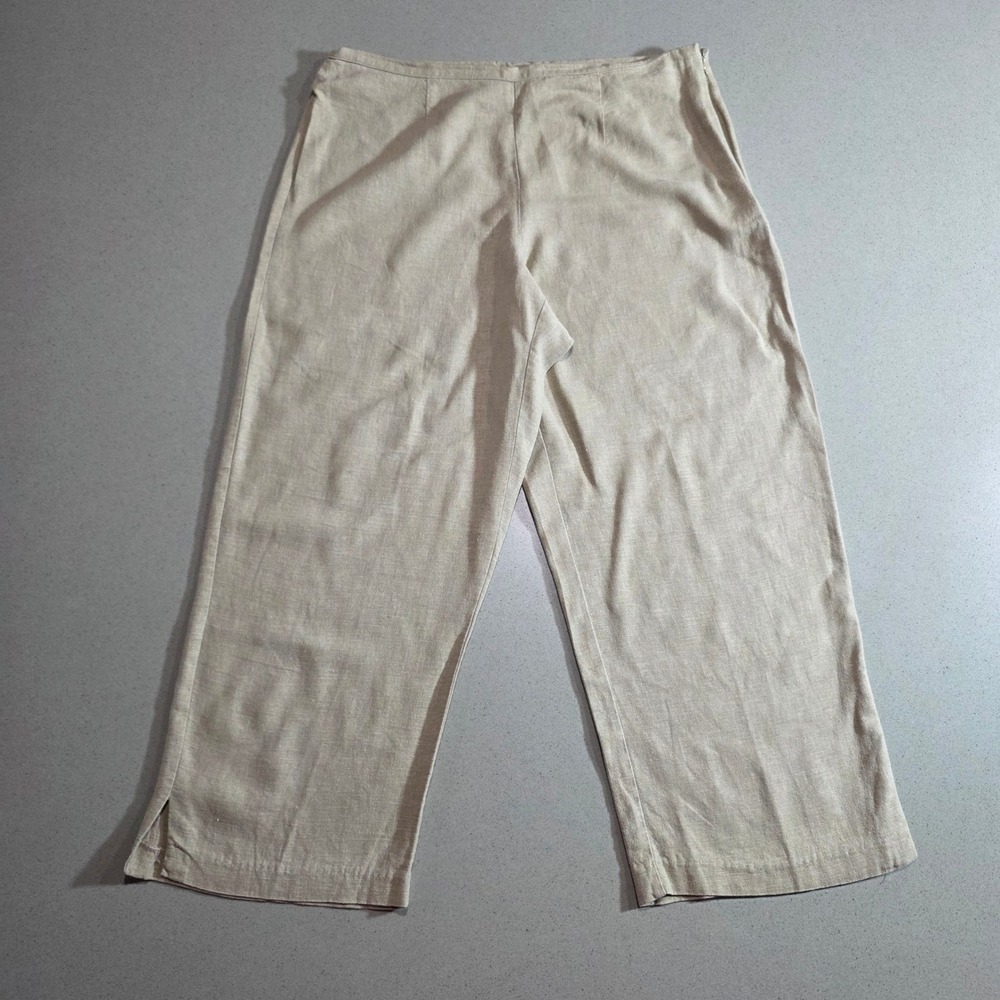 Sangria Women Beige Linen Blend Wide Leg Crop Pants Side Zip Slit Hem Size 10